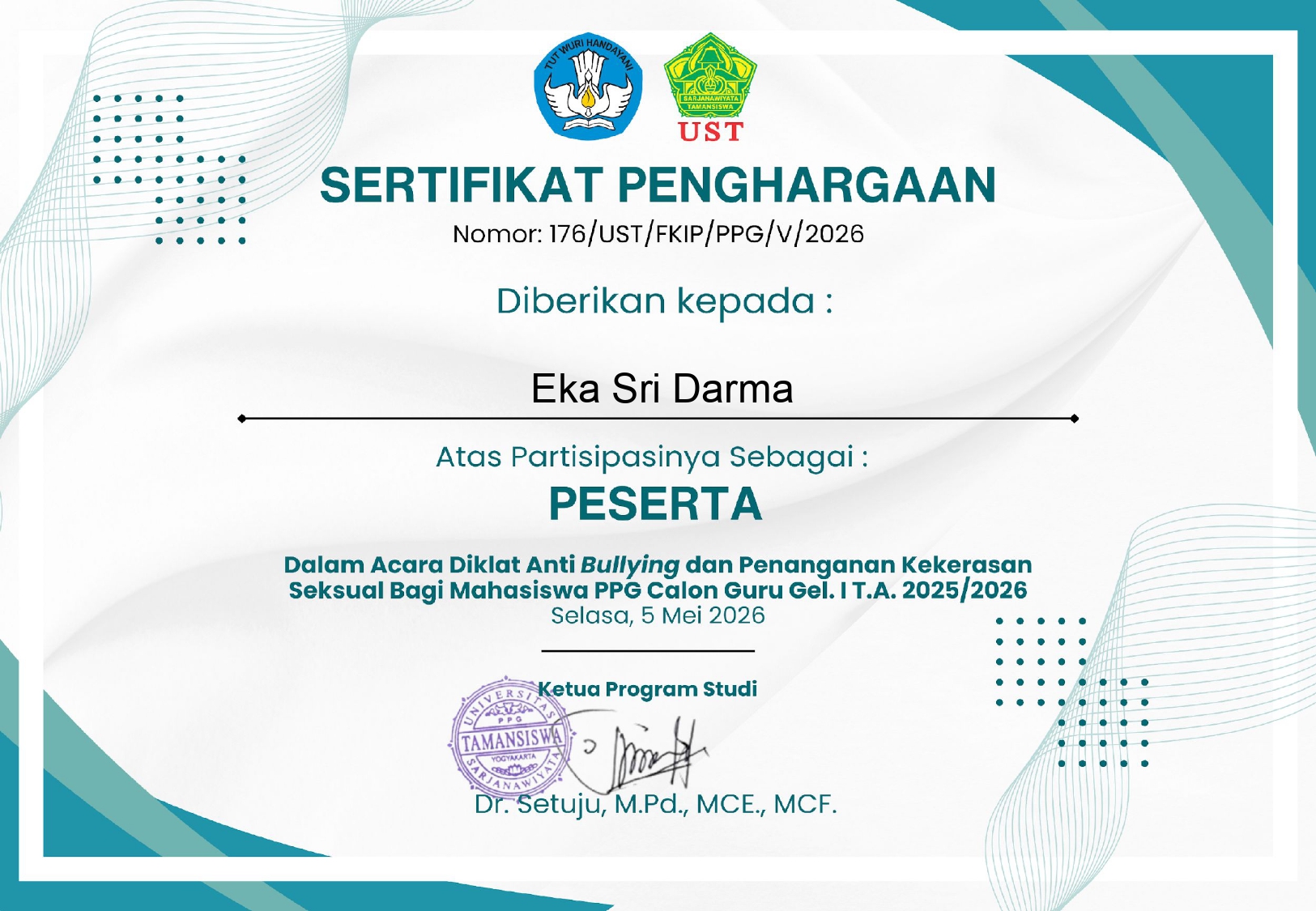 Sertifikat Diklat Anti Bullying