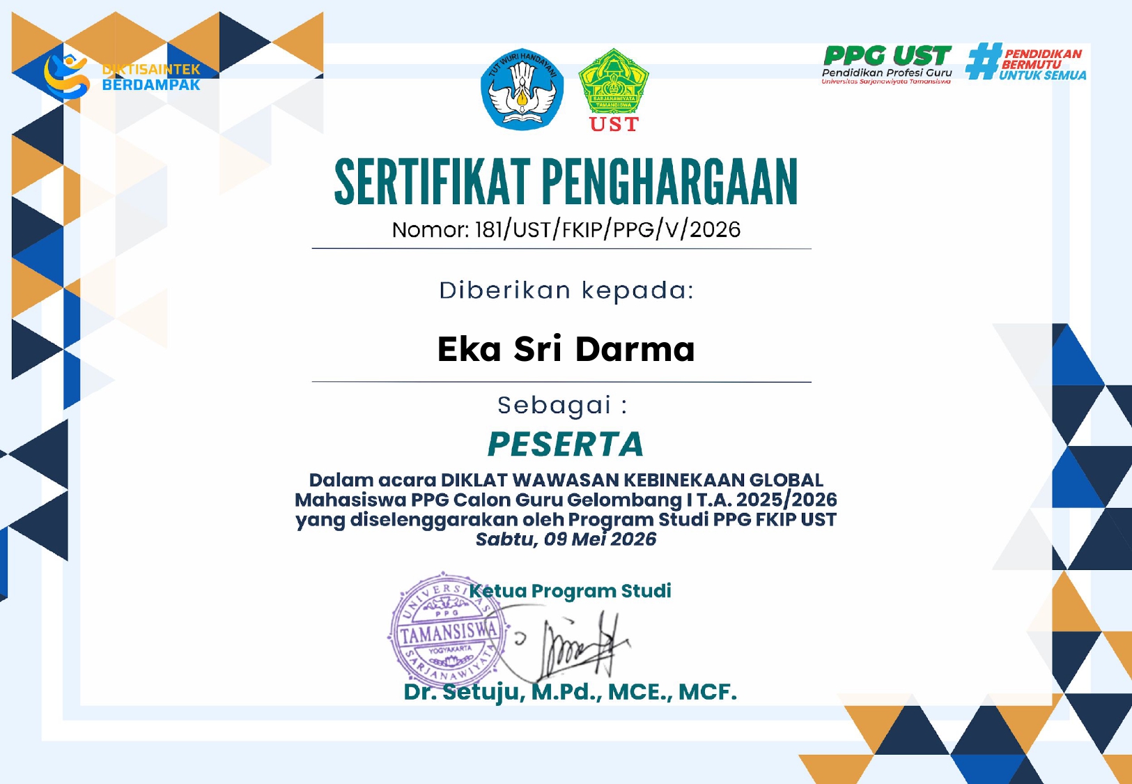Sertifikat Diklat Wawasan Kebinekaan