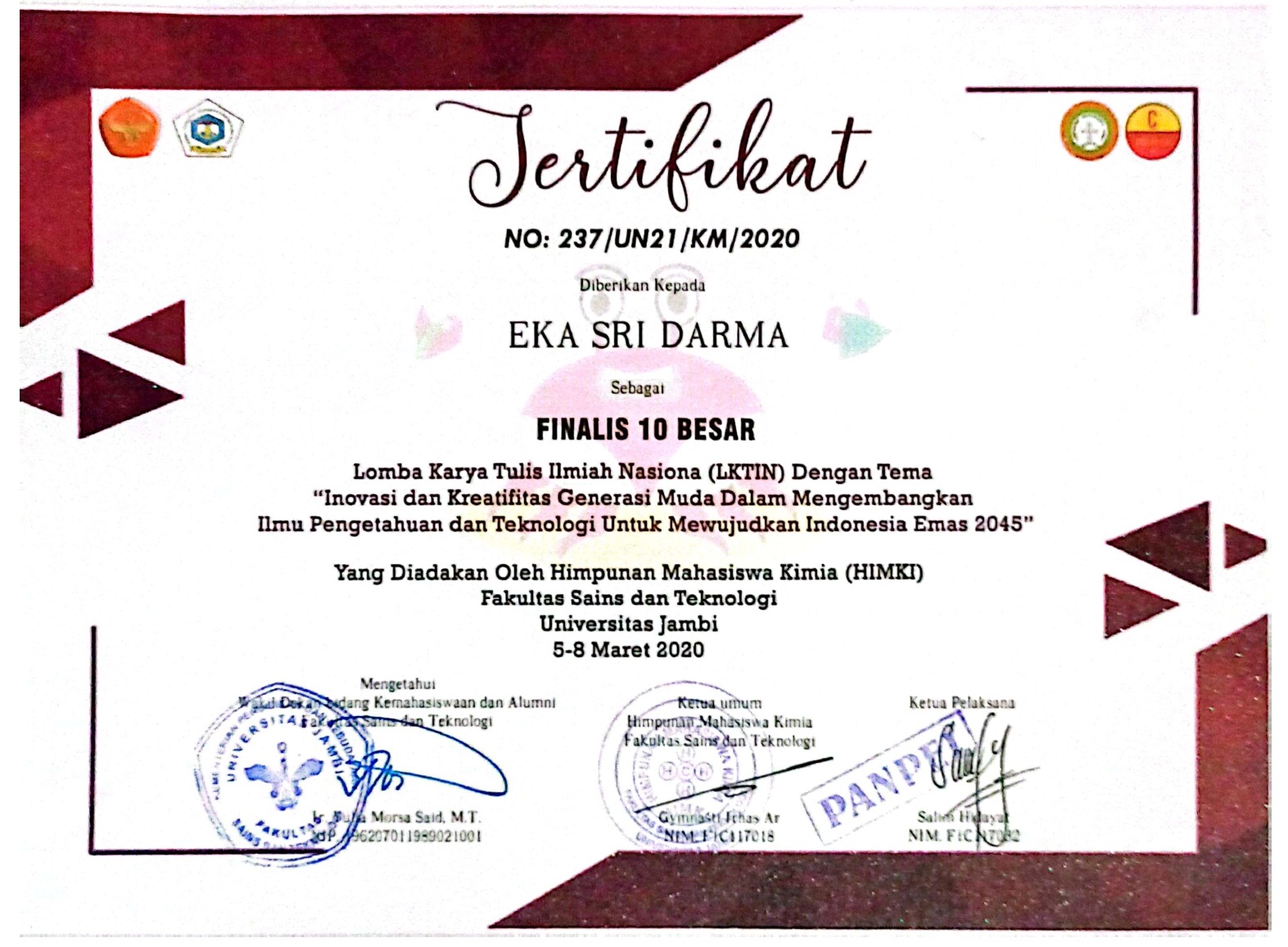 Finalis 10 Besar Lomba Karya Tulis Ilmiah tingkat Nasional (LKTIN)