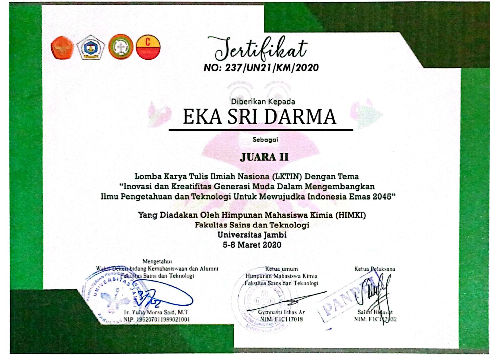 Juara 2 Lomba Karya Tulis Ilmiah tingkat Nasional (LKTIN)